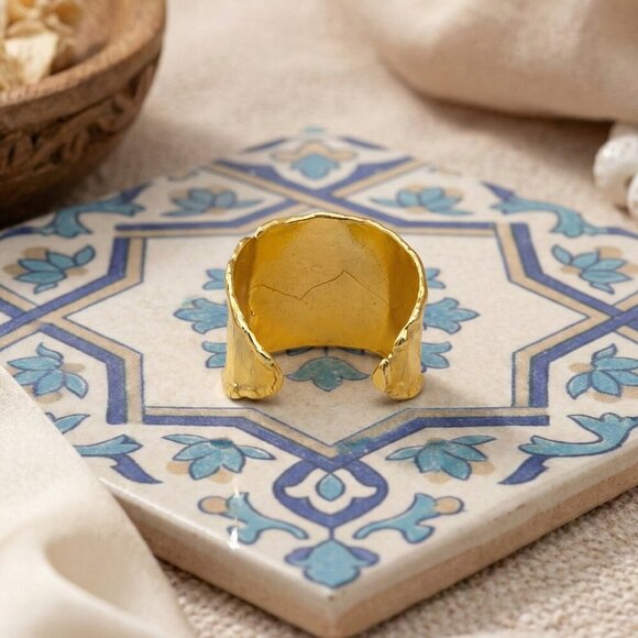 Boho Luxe Handmade Turkish Gold-Plated Wide Ring With Pink Cat’s Eye Hematite - Picture 6 of 12